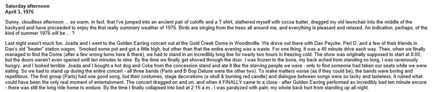 Golden Earring show review April 02 1976 Woodinville, Washington